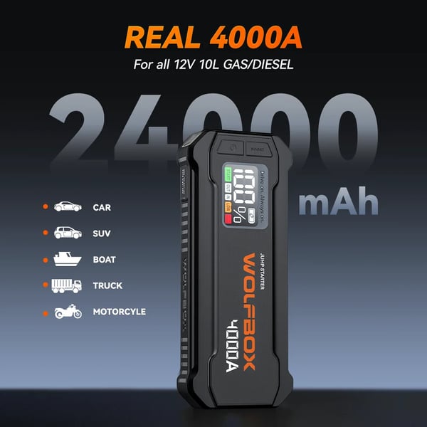 Bærbar Jump Starter, 24000mAh Kapacitet, Understøtter 8L Benzinmotorer, Understøtter 6L Dieselmotorer, Envejrs Hurtigopladning, LED Skærm