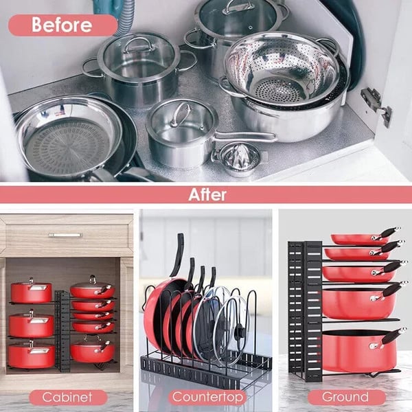 Pot Rack Organizer, Justerbare Lag, Holdbar Jernkonstruktion,sort