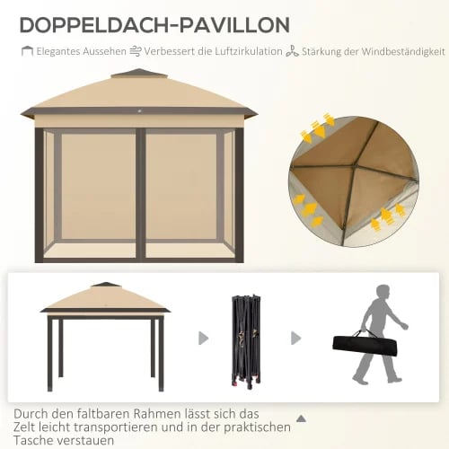 Udendørs Pavillon med Taske, 3,3x3,3m, UV-Bestandig, Stålramme, Sammenklappeligt Design, Inkluderer Tilbehør