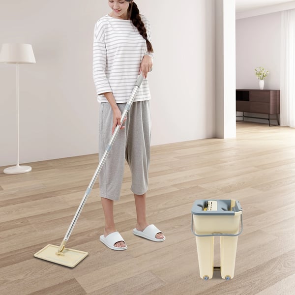 Moppisetti ja ämpäri, litteä moppimuotoilu, 360° moppipään kierto,Vaaleankeltainen