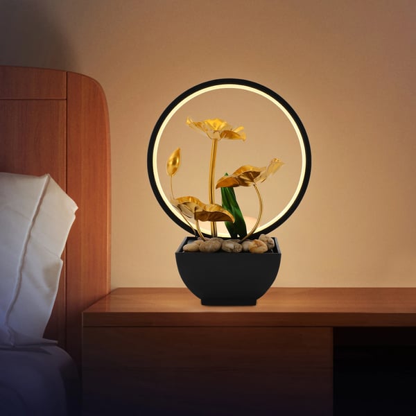 Bordfontæne, Lotusdesign, LED-lys inkluderet,sort