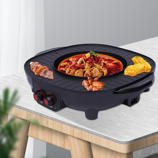 Elektrisk Hot Pot, 2-i-1 Grill, Non-stick Kogesurface, sort
