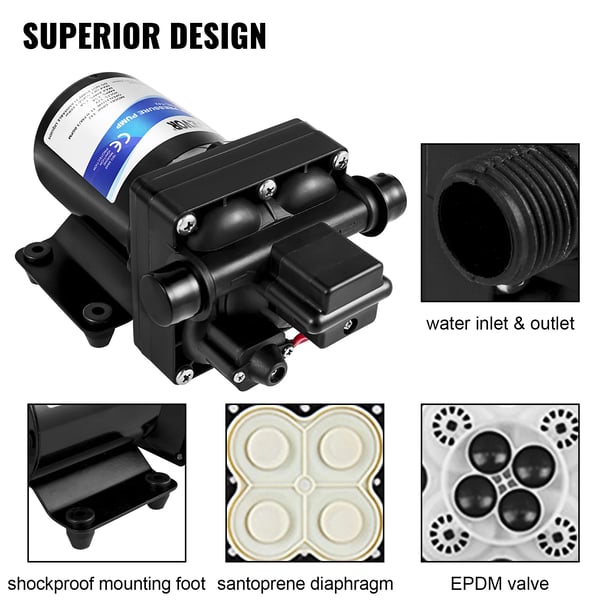 Ferskvandspumpe, 12V DC, 3 GPM, 45 psi, 1/2 tomme NPT, indbygget tilbagestrømningsventil