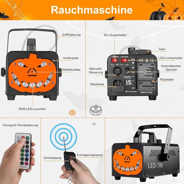 Tågemaskine, 500W, 220V, RGB-effekt, 5000-7000 CFM, Egnet til 9-16 m²
