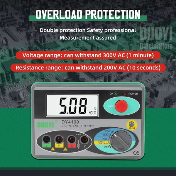 Jordmodstandstester, Måleområde: 0-2000Ω, Spændingsområde: 0-30V, LCD-display, Batteridrevet, Brugervenligt design