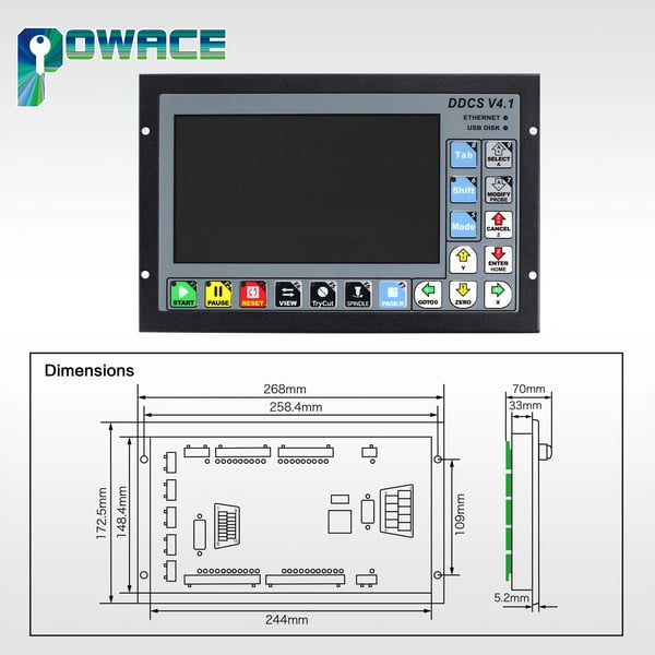 CNC bevægelseskontroller, 4-akse support, 500kHz udgangsfrekvens, 7-tommer TFT display, 18 digitale indgange, 3 digitale udgange