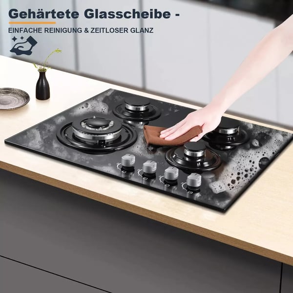 Indbygget gaskogeplade, fire brænderdesign, glat keramisk glas, dual brændstofkapacitet.