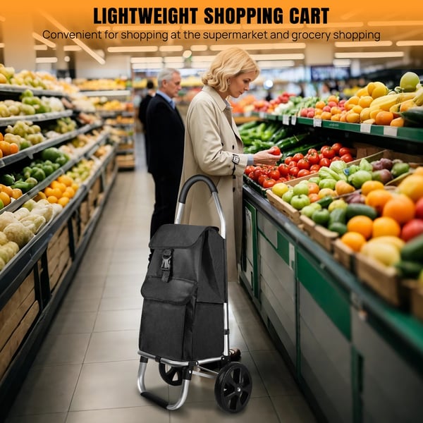 Foldbar Indkøbsvogn, Aluminiumlegering Krop, 40L Kapacitet, Dimensioner 43 x 36 x 103 cm, Belastningskapacitet 50 kg+, Hjulstørrelse 21 cm