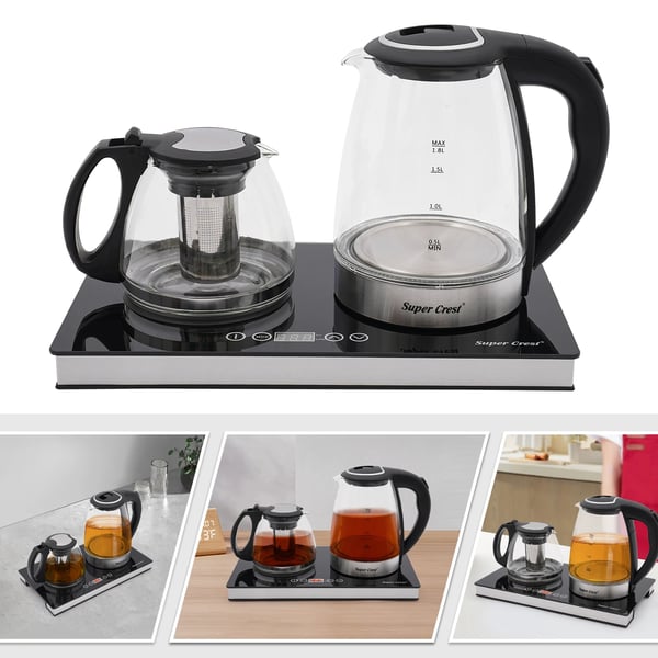 Elkedel, dobbelt design, 1800W effekt, 0,48 gallons kapacitet, rustfrit stål og glas, automatisk slukning