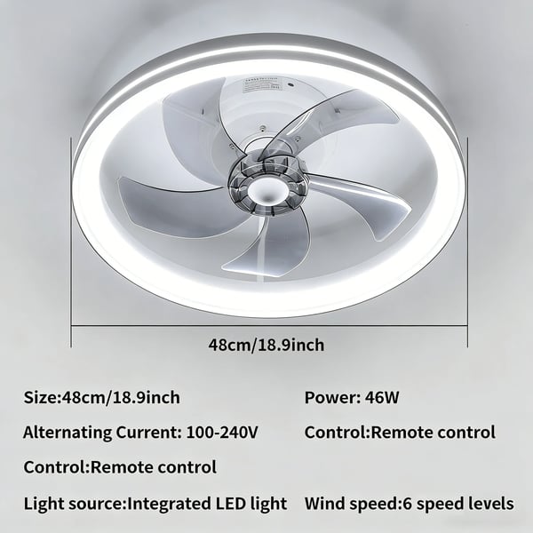 Loftventilator, Fjernbetjening, Dæmpbar LED-lys,46W, 110-240V, 5