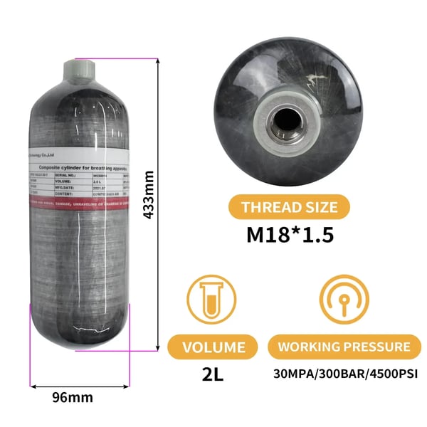 Cylinder, kolfibermaterial, 300 BAR tryck, 2L med ventil