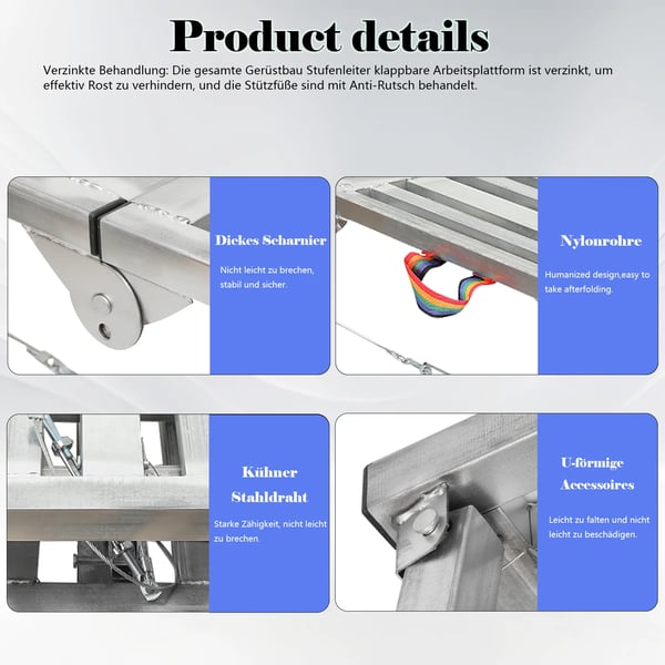 Foldbar stilladsplatform, justerbar højde 60 cm til 90 cm, maksimal belastning 200 kg, forstærket rørkonstruktion, skridsikre fødder