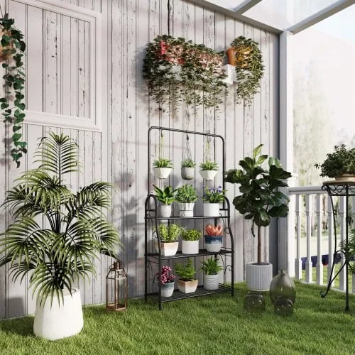 Plantehylde, 3 niveauer, 137 cm højde, maksimal belastning 20 kg pr. hylde, metal konstruktion, indendørs/udendørs brug