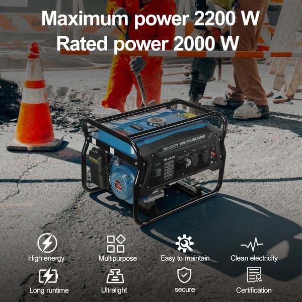 Benzinmotor Generator, Nominel Effekt 2000W, Spidseffekt 2200W, Brændstoftank Kapacitet 15L, Vægt 35kg, Nominel Spænding 230V