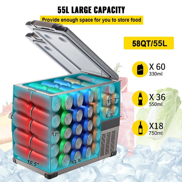 Bilkøleskab, 55L kapacitet, -20℃ til 20℃ køleområde, dual spænding 12/24V & 110-240V, 60W strømforbrug, bærbart design