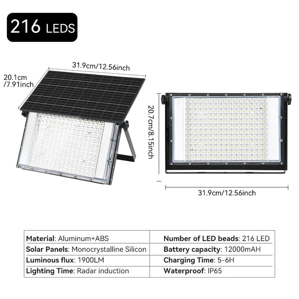 Solcellsflodljus, Rörelsesensor, Vattentålig,216 LED-lampor