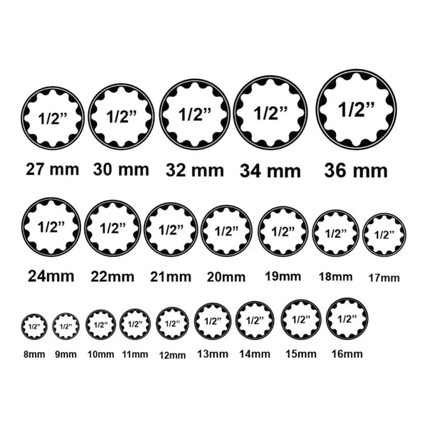 Sæt af skruenøgler, 21 dele, 8-36 mm størrelser