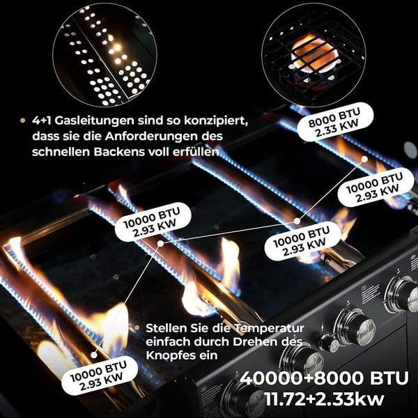 Gasgrill, 4 brændere, piezoelektrisk tænding, naturgas, 122 cm højde, stål konstruktion