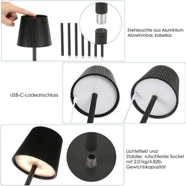 LED Gulvlampe, Berøringskontrol, Genopladeligt Batteri,sort