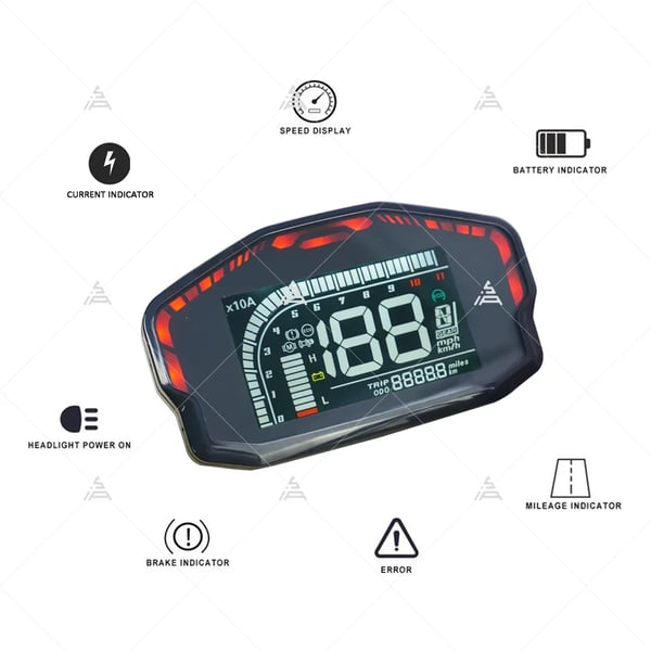 Speedometer, 10 cm højde, 22 cm længde, 16 cm bredde, 0,5 kg vægt, justerbar skærm