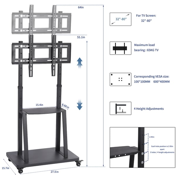 TV Gulvstand, Justerbar Højde, Rullende Design,sort