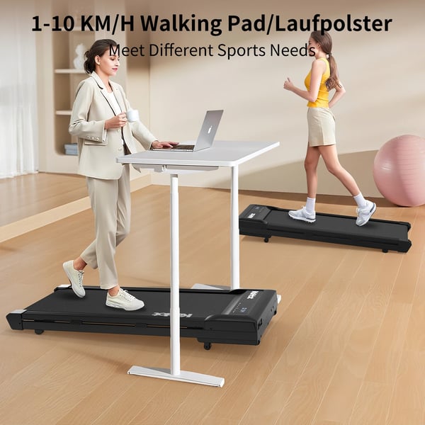Under-bord løbebånd, kraftig stålramme, 1-6 km/t hastighedsområde, 121,5 x 51,5 x 13 cm dimensioner, justerbar hældning op til 9%