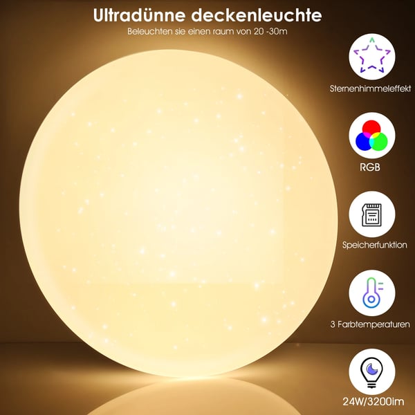 LED Loftlampe, Justerbar Lysstyrke, Dæmpbar, Fjernbetjening,40cm, RGB, 36W