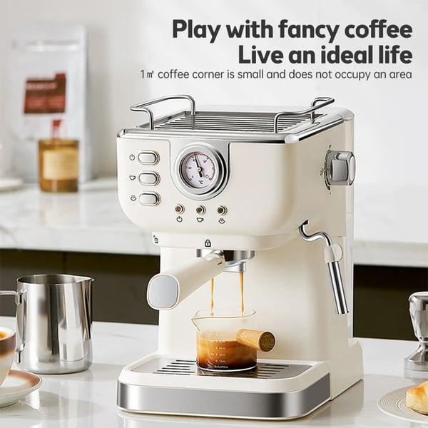 Kaffemaskine, 1050 Watt, 1,5 Liter Kapacitet, 20 Bar Tryk, Semi Automatisk, Kompatibel med Kapsler