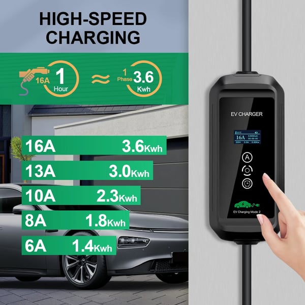 Bærbar EV-lader, justerbar strøm 6-16A, 3,6KW effekt,F1-T2-3,6KW, TYPE2
