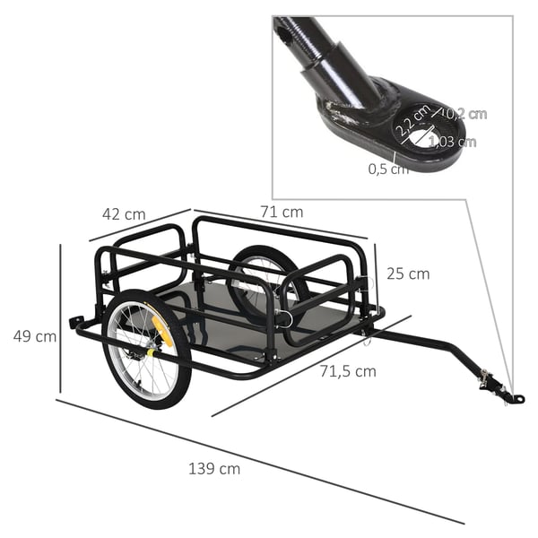 Cykeltrailer, Letvægtsstålramme, 40 kg vægtkapacitet, 120 cm længde, 70 cm bredde, 60 cm højde