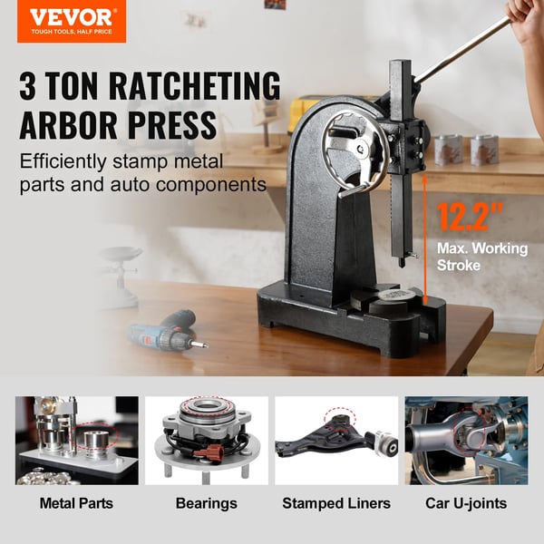Arborpress, 3 ton kapacitet, spärrtyp, mångsidiga formar ingår