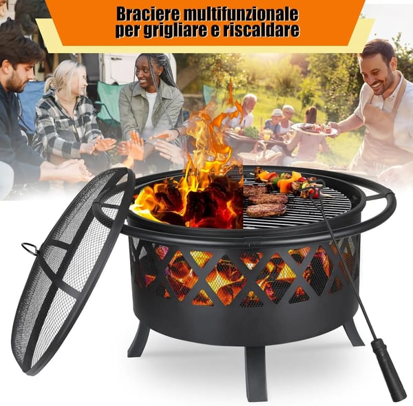 Eldskål, Ø81cm Storlek, Järnmaterial, Grillgaller Ø58cm, Poker 49cm, Säkert Gnistskydd