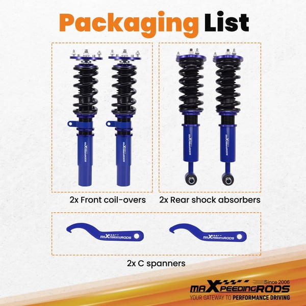 Coilover affjedringssystem, justerbar højde 1-3 tommer, fjederhastighed foran 12 kg/mm, fjederhastighed bag 9 kg/mm