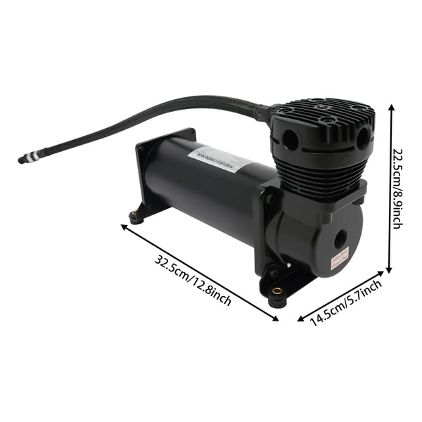 Luftkompressor, Maks. tryk 200 PSI, Flow rate 1.75 CFM, Dimensioner 12.8 × 5.7 × 8.9 tommer, 12V strømkilde, 23 Ampere