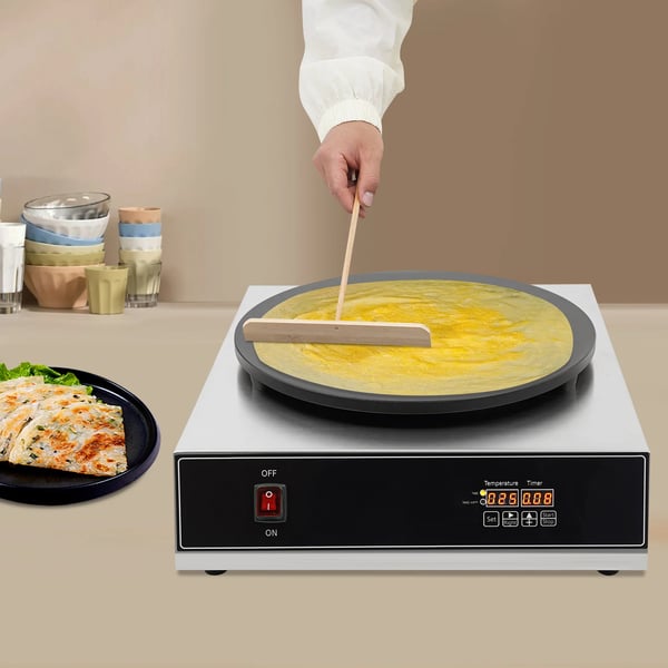 Crepe Maker, 2800W Effekt, 15,74-tommer Overflade Diameter, Rustfrit Stål Konstruktion, Non-Stick Belægning, Justerbar Timer