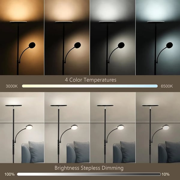 Gulvlampe, Højde 175 cm, 27W Hovedlys, 7W Læselampe, Trinløs Dæmpning 10%-100%, Farvetemperatur 3000K-6000K