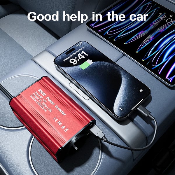 Autoinvertteri, AC 220V -lähtö, kaksois-USB-latausportit,Punainen