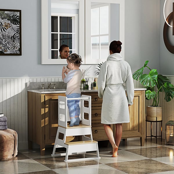 Læringstårn, MDF og fyrretræ, samlede dimensioner 55x52,5x87,5 cm, anbefalet alder 3+ år, maksimal belastning 30 kg, sikkerhedsreling dimensioner 35