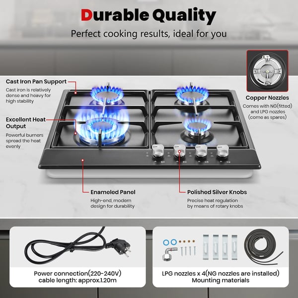 Gasblus, 4-blus, automatisk flammebeskyttelse,glas-keramik