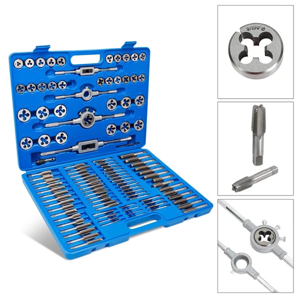 Tap og Die Sæt, Tungsten Stål og Kulstof Stål, 110 Stykker, 17.6 x 13.4 x 2.4 tommer, 13.6 lbs, Omfattende SAE og Metrisk Størrelser