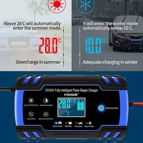 Bilbatterioplader, Pulsreparations teknologi, Flere sikkerhedsfunktioner,Blå