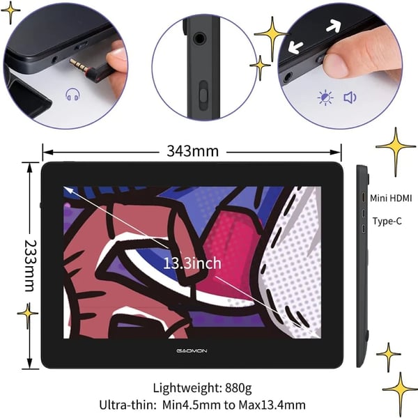 Digital grafiktablet monitor, 13,3 tommer Full HD, 8192 niveauer af pentryk, antirefleks teknologi