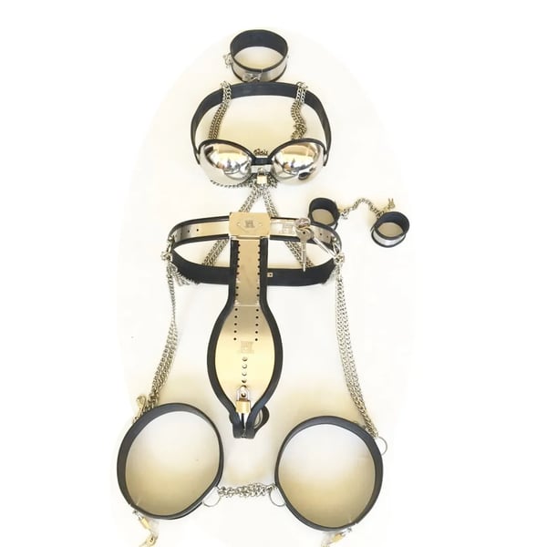 Bondage Sæt, Rustfrit Stål Halsbånd, Justerbar BH Størrelse 60-110 cm, Håndjern Omkreds 18-19 cm, Justerbar Talje 90-110 cm, Lår Ring Omkreds 47-49 cm