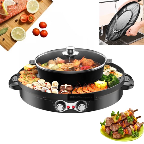 Elektrisk Hot Pot, 2-i-1 Madlavningsfunktion, Effektiv Temperaturkontrol,sort
