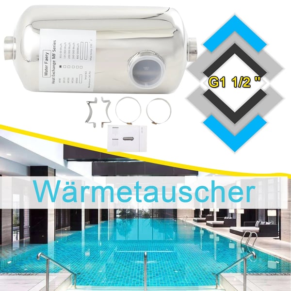Varmeveksler, 28 kW, Rustfrit Stål SS304, Dimensioner 29,2 cm x 16 cm, Poolforbindelse G1 1/2, Varmtvandsstrøm 18 L/min