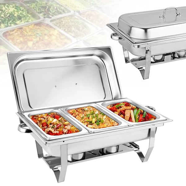 Chafing Dish, 9L kapacitet, 3 x 3L madpande, rustfrit stål materiale, dimensioner 55,7 x 34 x 38,3 cm, komplet opsætning inkluderet