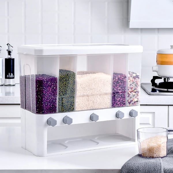 Kornopbevaringsbeholder, Pladsbesparende Design, 5-Rums Kompartment System,Hvid