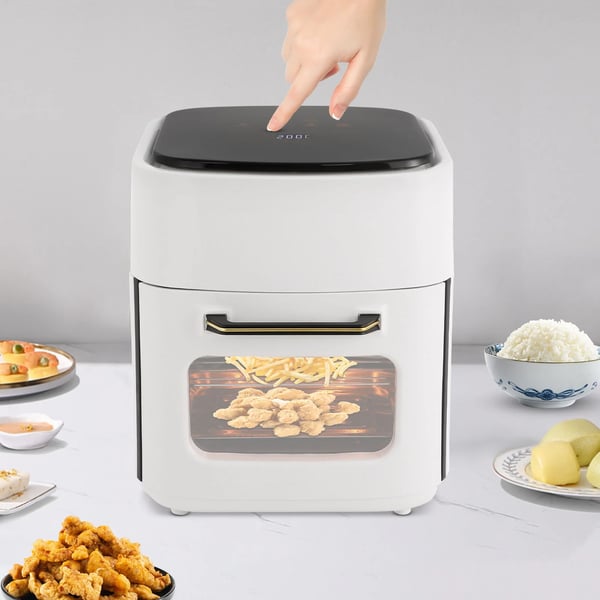 Luftfritösugn, 15L kapacitet, 1400W effekt, temperaturintervall 80-200℃, tidsintervall 5-65 minuter, LED-display