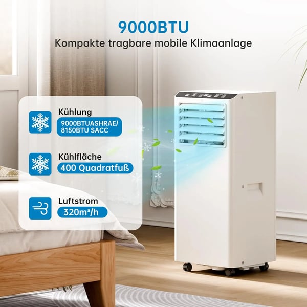 Mobil Airconditioner, 9000 BTU, Intelligent Søvnmode, Fjernbetjening,EU, HVID