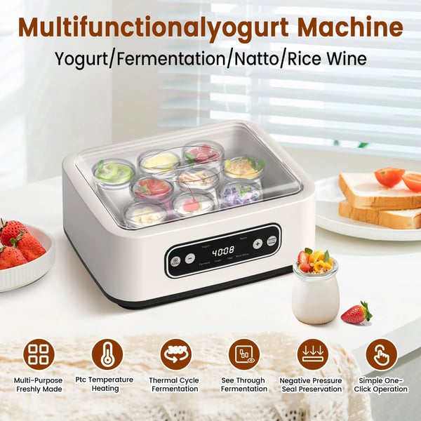 Multifunktionel Yoghurtmaskine til Yoghurt, Risvin og Natto,HVID